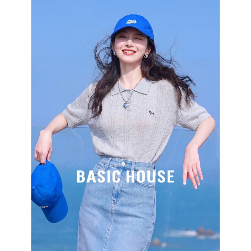 百家好（Basic House）百家好灰色天丝薄款刺绣短袖针织衫女夏超火冰丝上衣 灰色 L