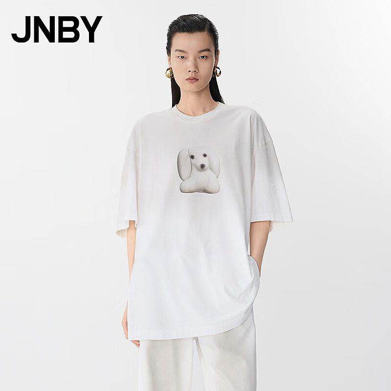 JNBY/江南布衣春夏T恤女棉质H型玩偶狗印花圆领中袖休闲宽松5P4112000 100/本白 M