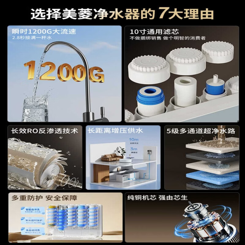 美菱(MeiLing)净水器加热直饮一体机自来水过滤器厨下RO反渗透净热一体家用1200G流速0阻垢剂 【性价比款】管线机+1200G净水器