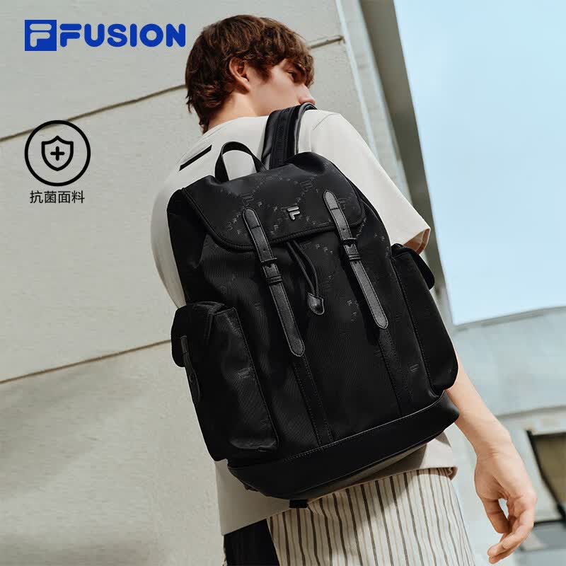 FILA FUSION斐乐包包男士背包2026秋新电脑包书包翻盖老花双肩包 深黑-BK
