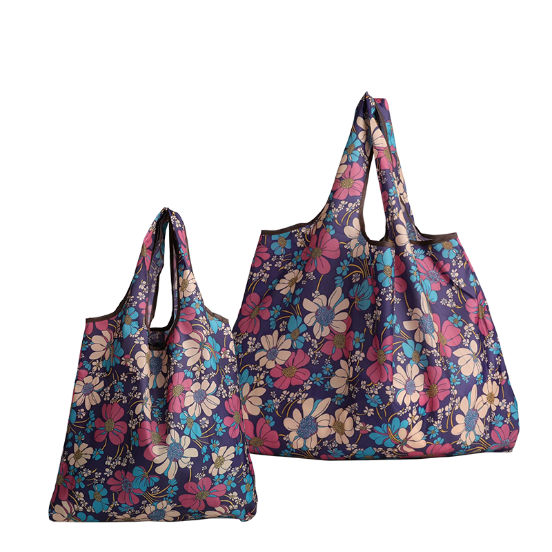 【2个装】折叠便携妈咪买菜袋尼龙超市购物袋可承重力强收纳环保袋旅行袋 紫色花一大一中