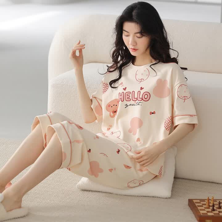 MiiOW睡衣女款夏天2026年新款夏季纯棉短袖夏款女士家居服两件套装 米色兔子 L 100-120斤