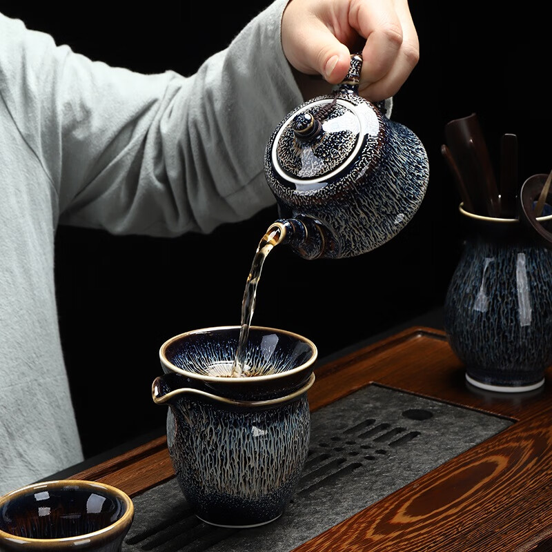 正扬建盏茶具套装家用整套窑变油滴天目铁胎茶壶茶盏杯功夫陶瓷景德镇 15头(璀璨星空)_侧把(竹节壶)