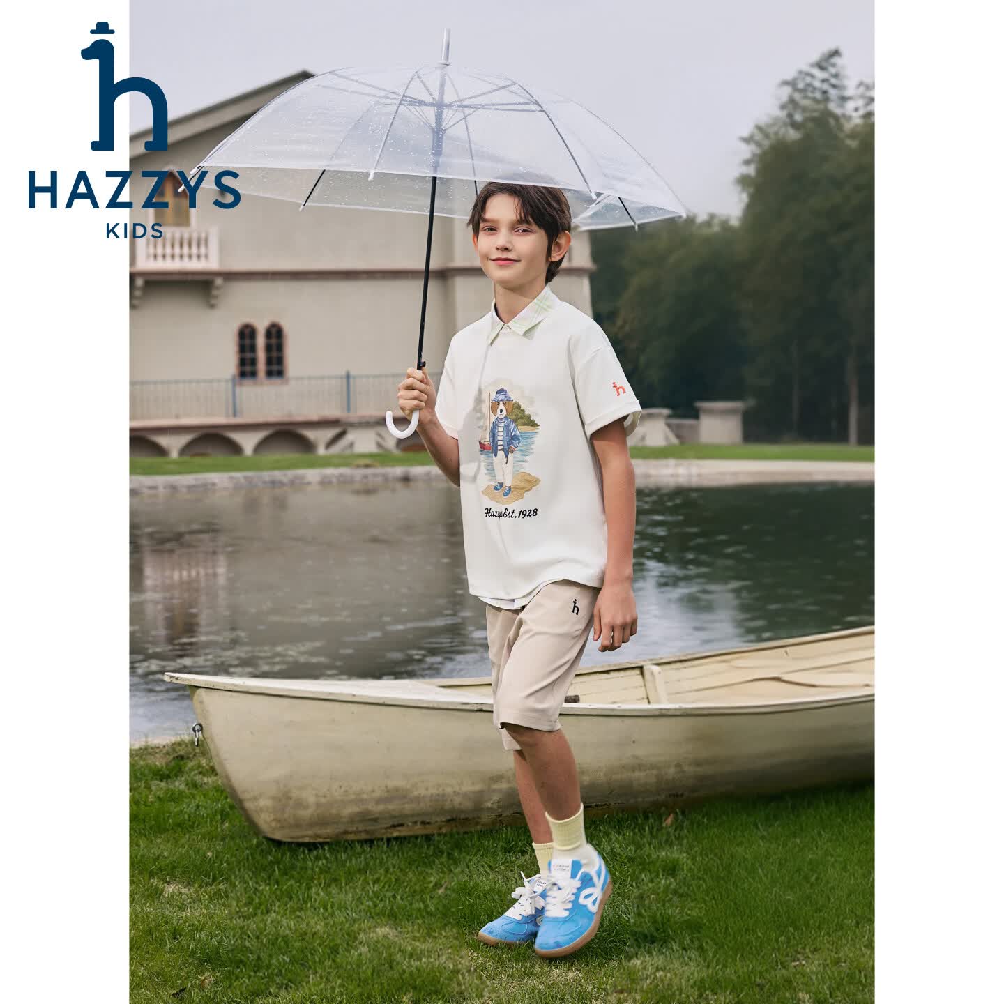 哈吉斯(HAZZYS)童装男童短袖2026夏新液氨双面布学院风圆领短袖T恤 本白 165