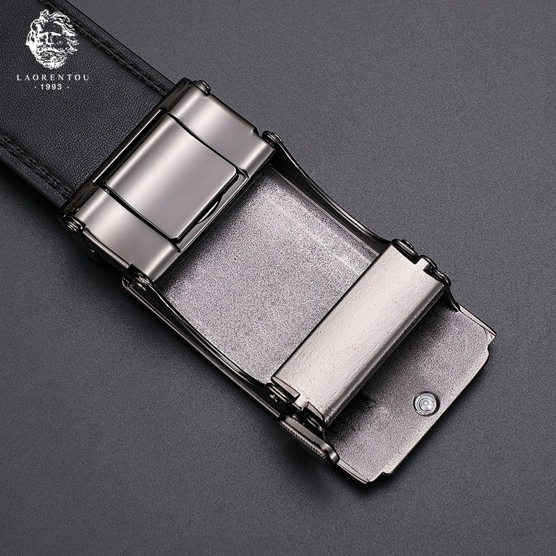 老人头皮带自动扣休闲裤带年轻人商务名牌中年荔枝纹 黑色自动扣 120