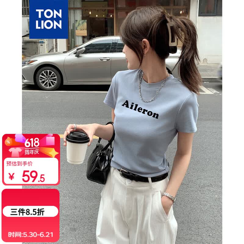 唐狮（TonLion）2025夏女圆领前胸字母短款短袖T恤休闲百搭