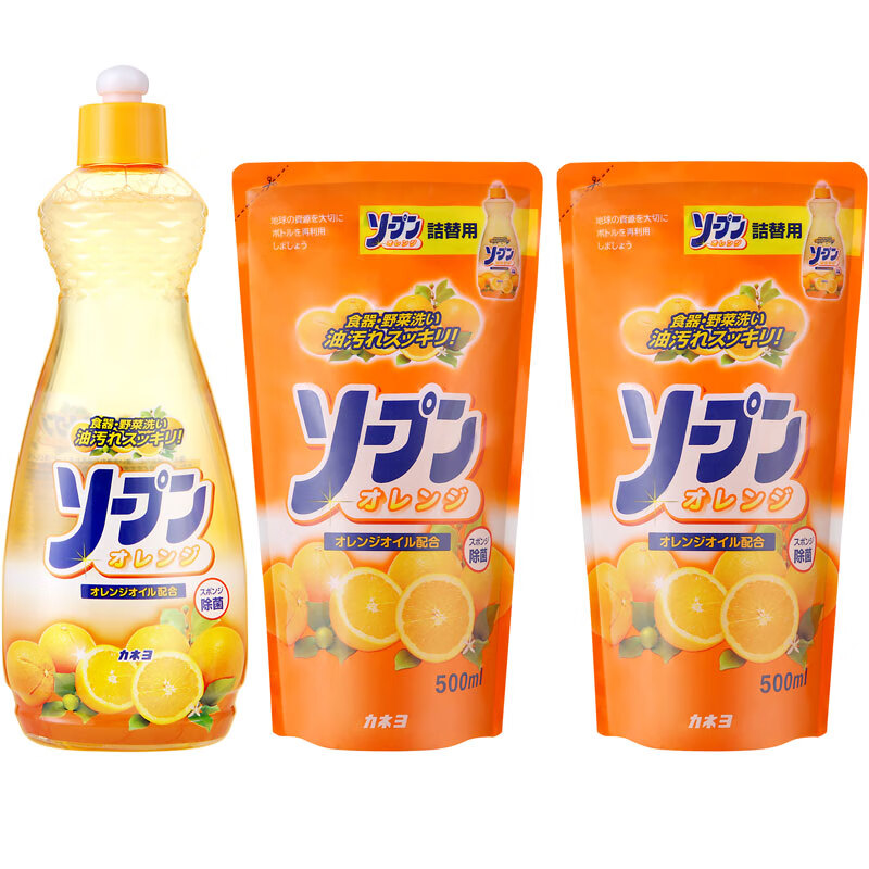 家耐优KANEYO 橙香果蔬 餐具洗洁精套盒装  1瓶正装600ml/瓶）+2袋替换装（500ml/袋）