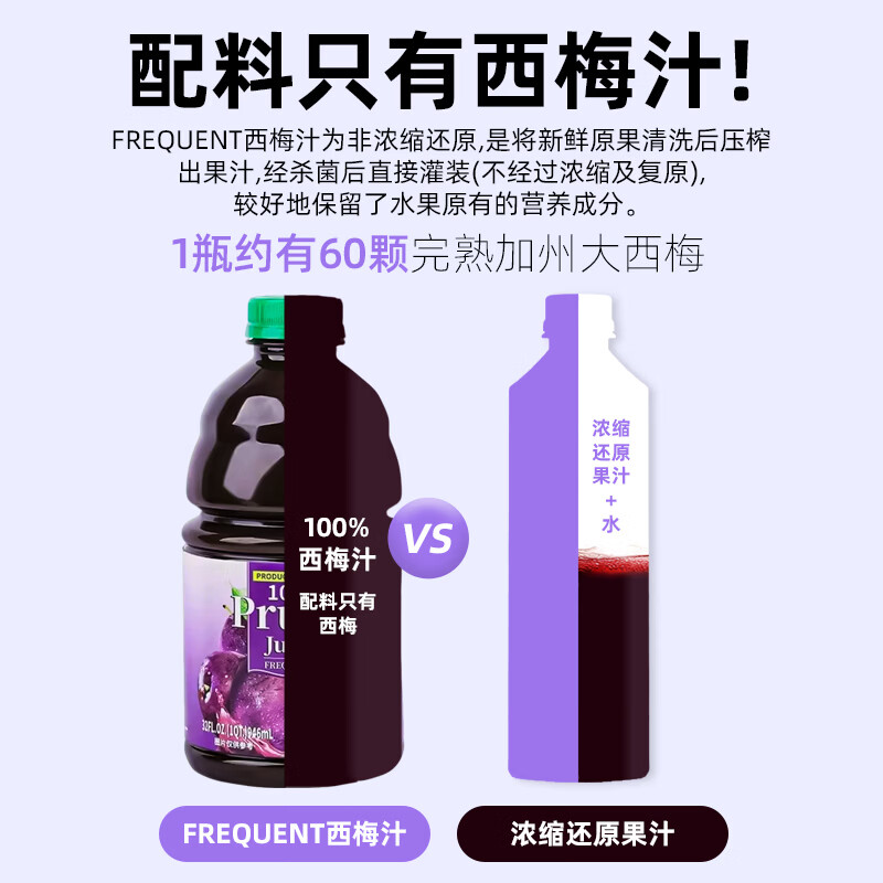 FREQUENT美国进口西梅汁纯果汁果蔬汁孕妇纤维排便低脂饮品100%无添加 西梅汁 946mL*1瓶 (某姆同款)