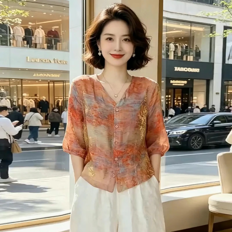 高级感别致中袖上衣女2026夏季新款洋气减龄显瘦百搭V领短袖衬衫 国风衬衫 L 80-110斤