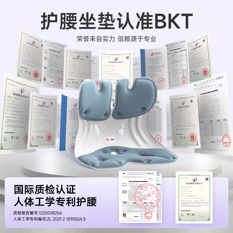 BKT护腰坐垫护腰靠垫人体工学椅办公室靠背沙发垫座椅毕业教师节礼物 超大款-幻影灰【300斤以内】
