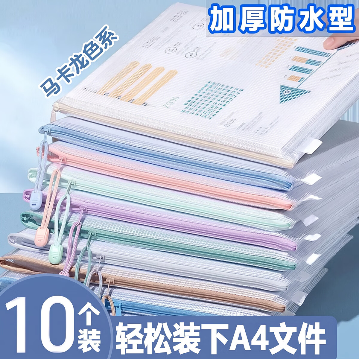 思赞a4文件袋拉链式学生科目分类袋试卷收纳袋透明网格防水资料袋加厚档案袋初中生专用大容量学科书袋 A4【5个装】马卡龙色-普通款