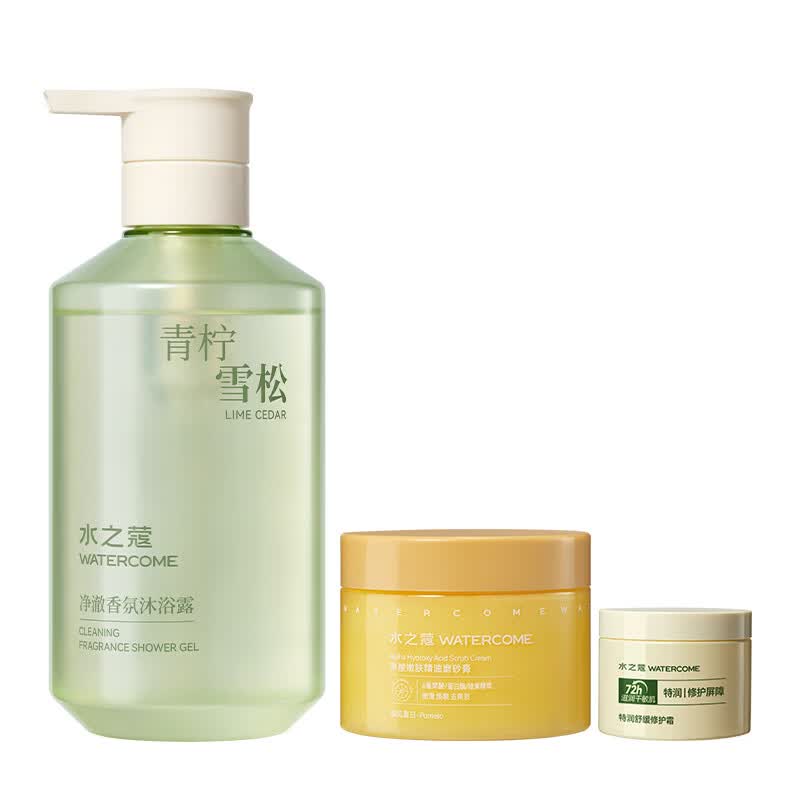 水之蔻白茶身体乳保湿补水滋润秋冬烟酰胺果酸全身清爽润肤露滋润p 青柠雪松沐浴露500ml+柚子磨砂膏180g+修护霜 25g 2瓶