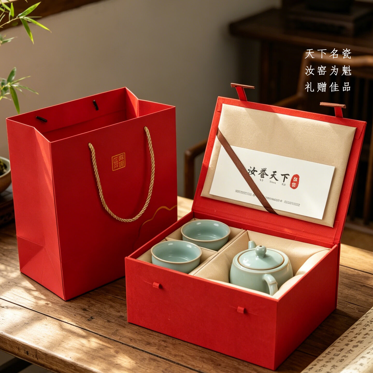 汝誉天下汝窑茶具茶杯茶壶主人杯压手杯汝州汝瓷天青色冰裂功夫茶具礼盒装 【爆款】石瓢一壶二杯280ml