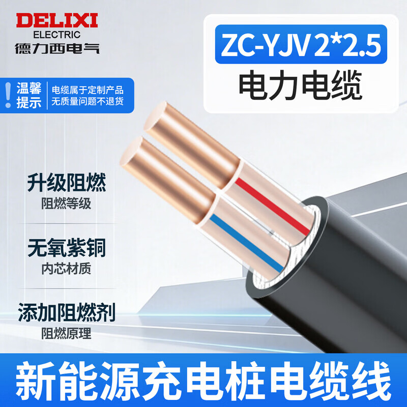 德力西电气电线电缆ZC-YJV3*4三芯6平方10平方充电桩电缆线低压阻燃铜芯线 2芯2.5平方 10米