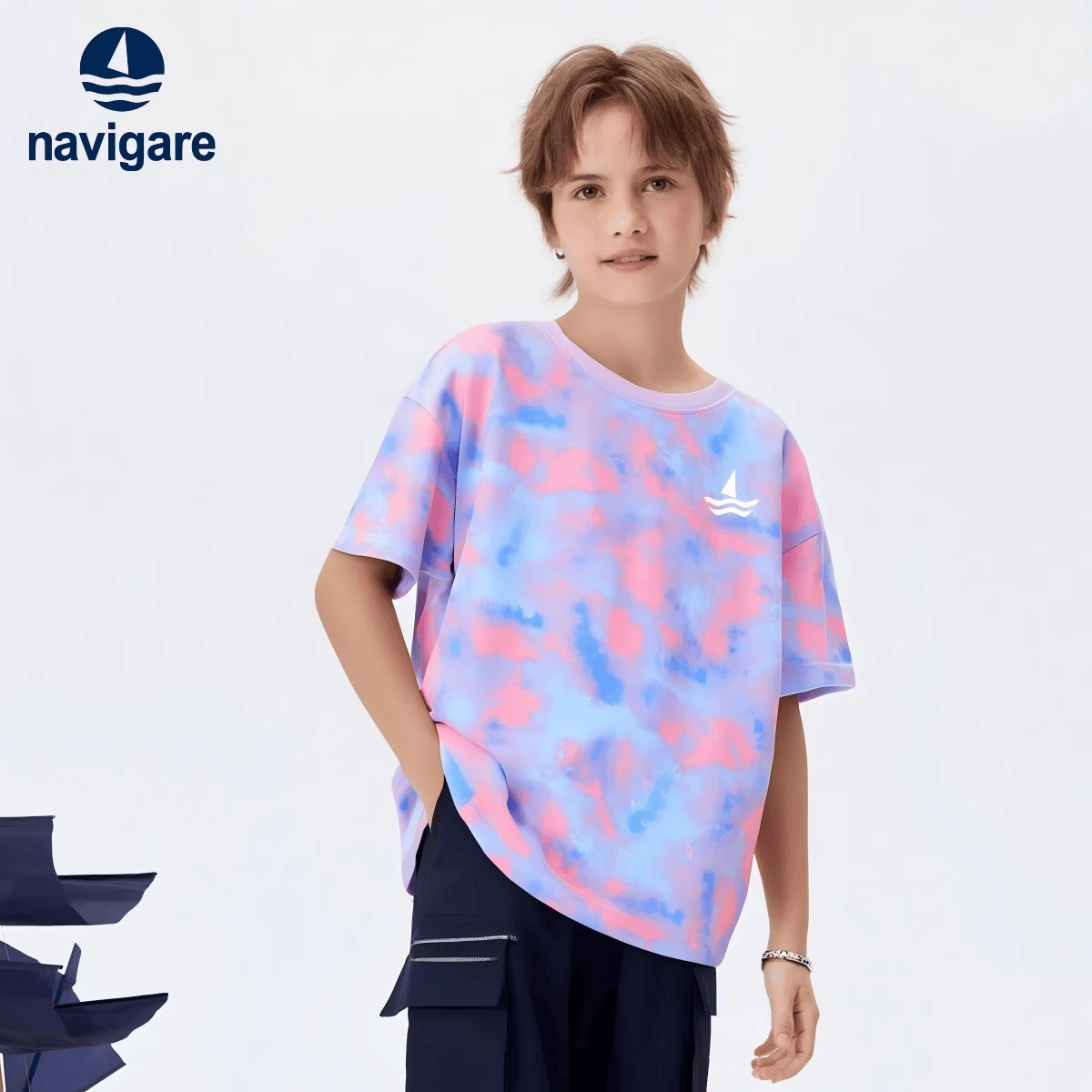 NAVIGARE【棉】意大利小帆船儿童短袖T恤男女童休闲上衣男童圆领扎染童装 粉蓝 140