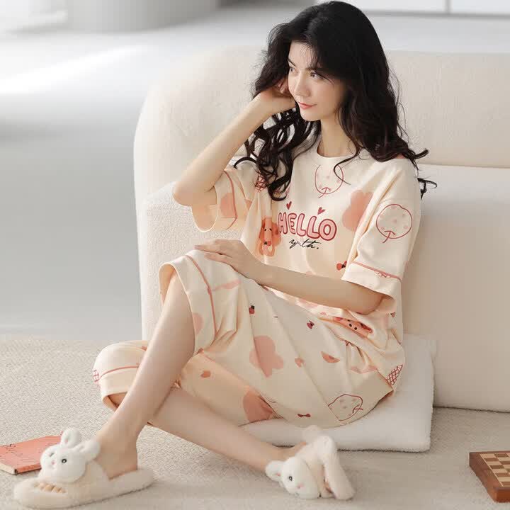 MiiOW睡衣女款夏天2026年新款夏季纯棉短袖夏款女士家居服两件套装 米色兔子 L 100-120斤