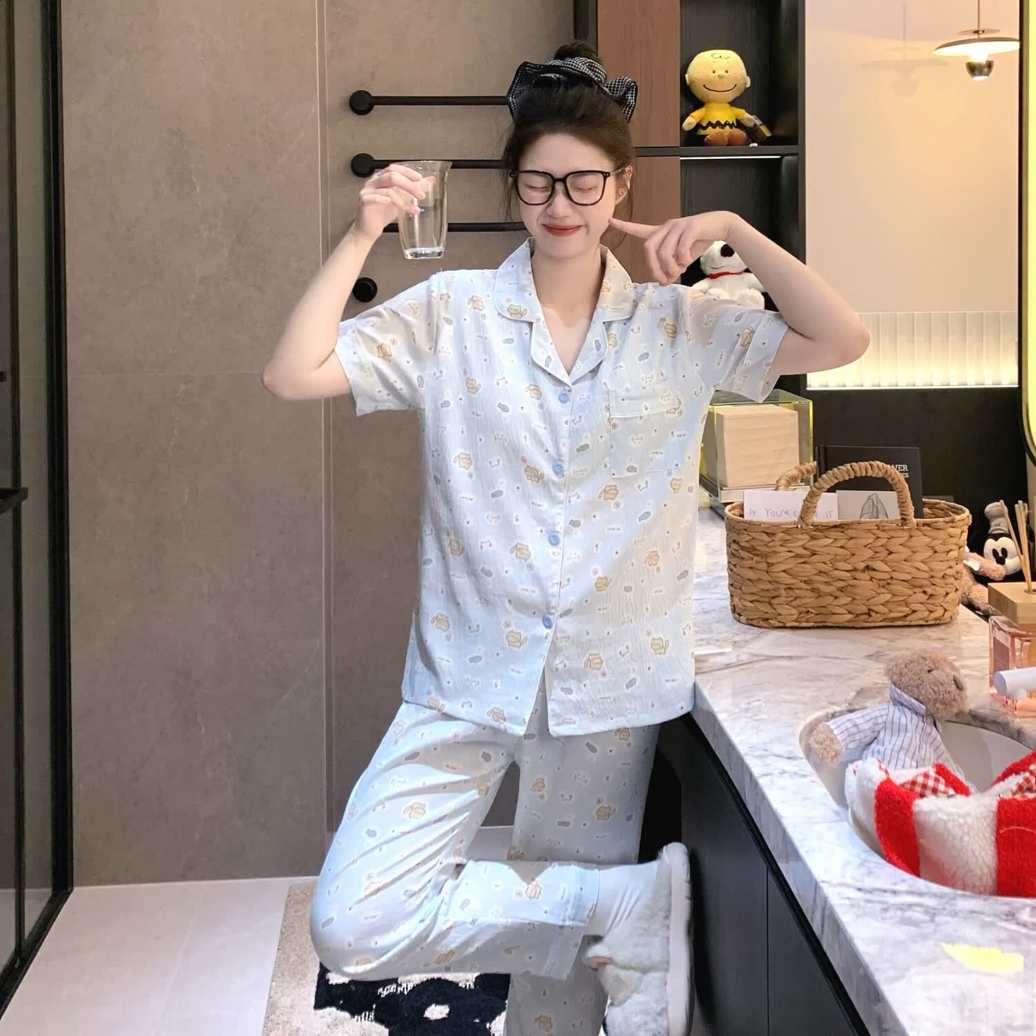 芬腾睡衣女款【三件套装】2026春夏云朵棉短袖短裤长裤带胸垫家居服 FJ27922236水蓝 XL 建议125-145斤