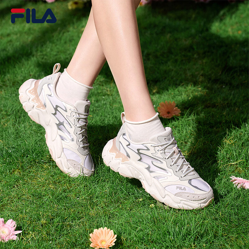 斐乐（FILA）官方女鞋蕨草鞋3代休闲鞋透气老爹鞋2026夏季新款透气运动鞋 白中白/蘑菇灰色-BO 37.5