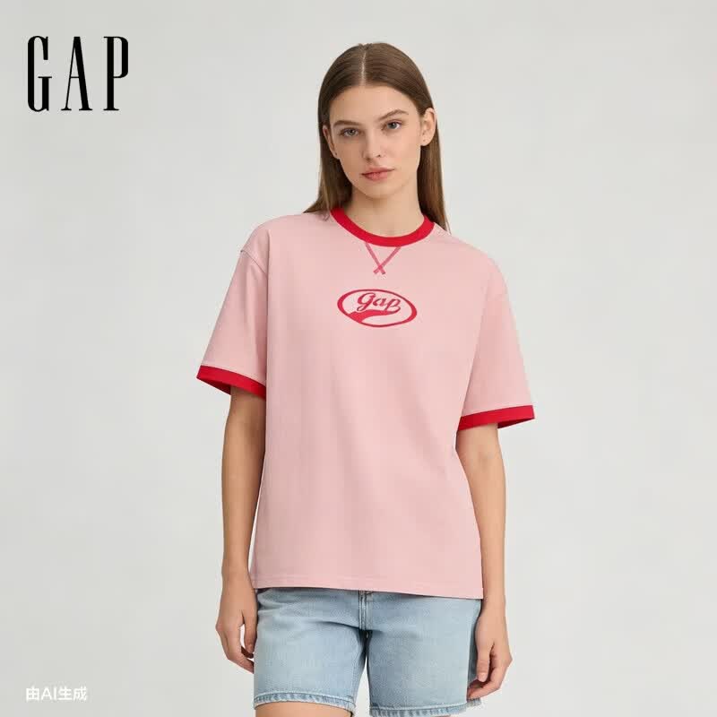 盖璞Gap男女装2026春季新款纯棉logo字母宽松短袖T恤百搭上衣 淡粉色 866079 XS (165/84A)亚洲尺码
