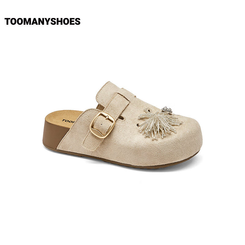 TOOMANYSHOES26秋新款仙女棒经典休闲厚底增高包头柔软勃肯拖鞋 米色 39