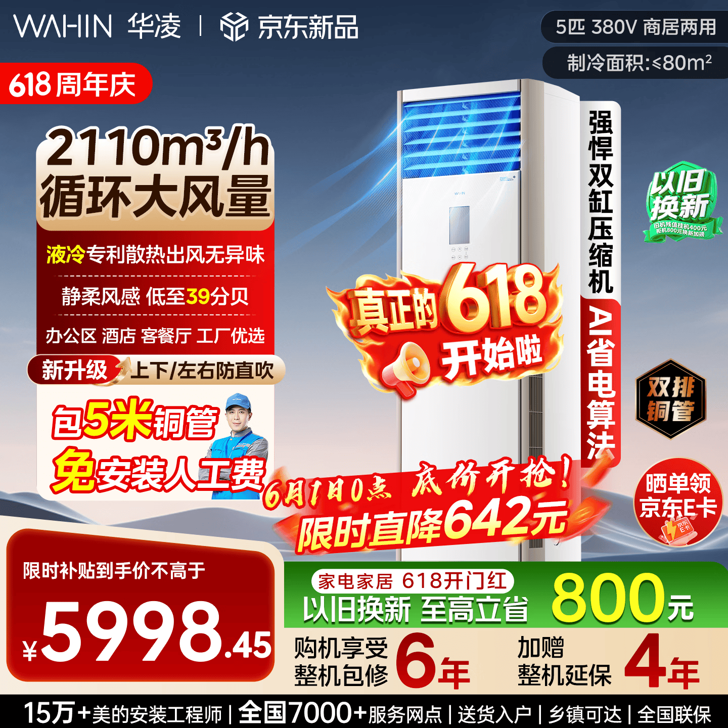 华凌【价保618】立式5匹柜机超省电新一级能效变频商居两用中央空调RFD-120LW/N8HA1S