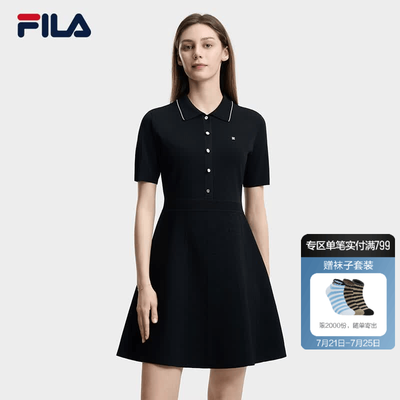 FILA斐乐官方女子连衣裙夏新款时尚休闲简约修身短袖连身裙 F11W623303F正黑色-BK M 165/84A/M