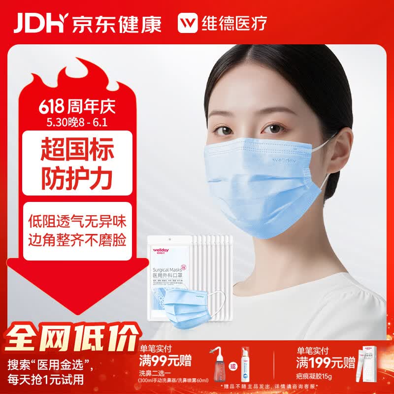 维德（WELLDAY）一次性医用外科口罩灭菌级蓝色100只A1型（无菌）防花粉过敏鼻