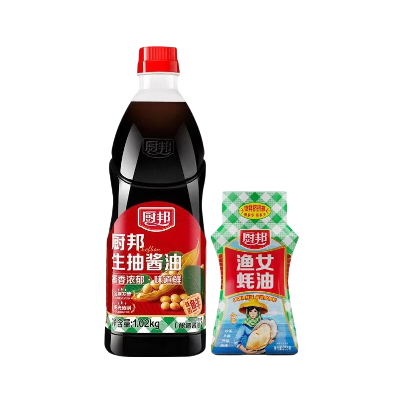 厨邦1.02kg厨邦生抽+255g金装渔女蚝油 酱油蚝油实惠组合 厨邦生抽1.02kg*1+金装渔女蚝油255g*1
