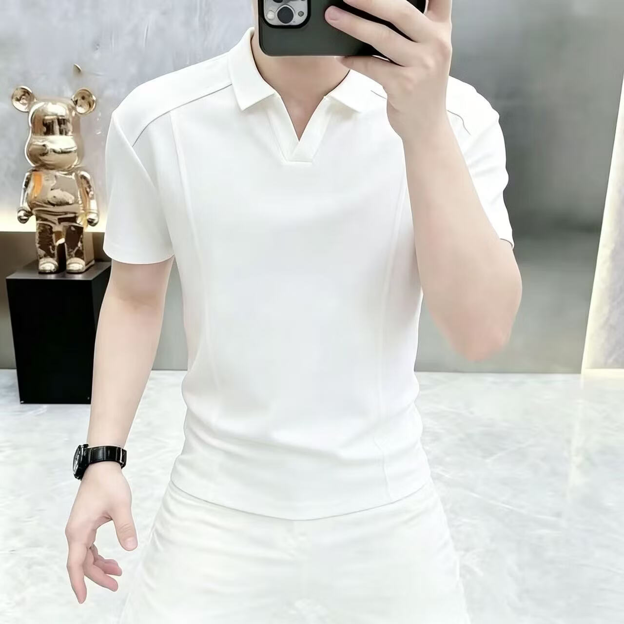 【专柜品质】男士翻领夏季潮流轻奢商务休闲T恤V领纯色polo衫yzj 白色 XL 【建议130-145斤】