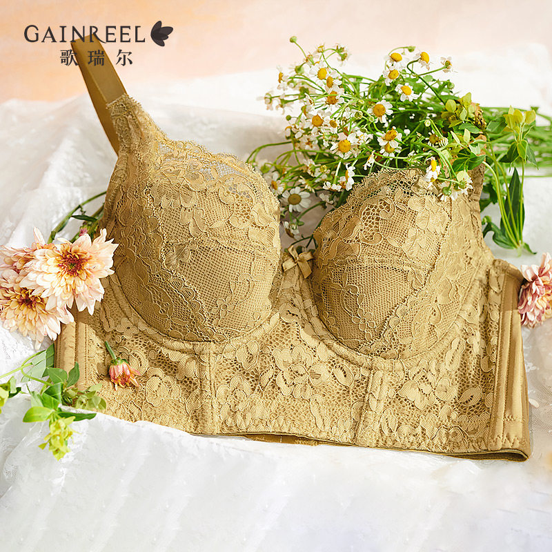 Gainreel歌瑞尔法式纯欲性感蕾丝鱼骨胸衣女可外穿小胸聚拢侧收副乳舒适文胸罩 姜黄色 70B
