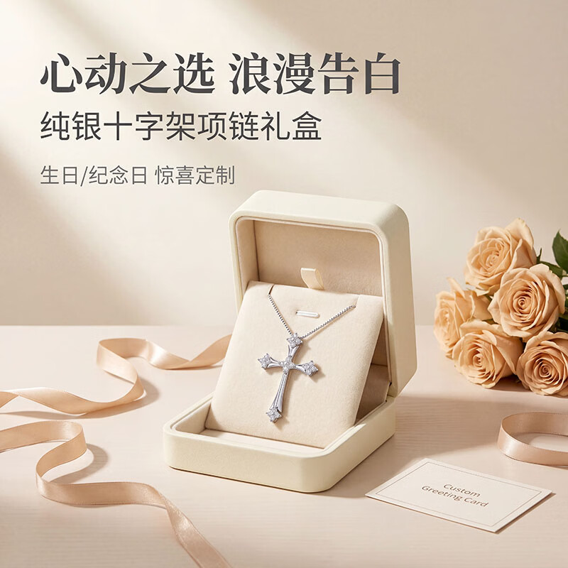 泰罗尼十字架项链女S925银闪钻十字吊坠轻奢锁骨链纪念日生日礼物送女友 十字架项链