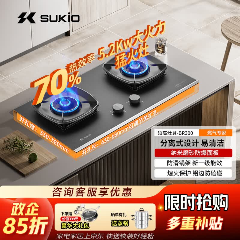 硕高燃气灶【新一级能效】台嵌两用煤气炉灶 5.2kw大火力嵌入式台式两用换新免扩孔家用 天然气12T 【BR300】纳米磨砂钢化玻璃面板