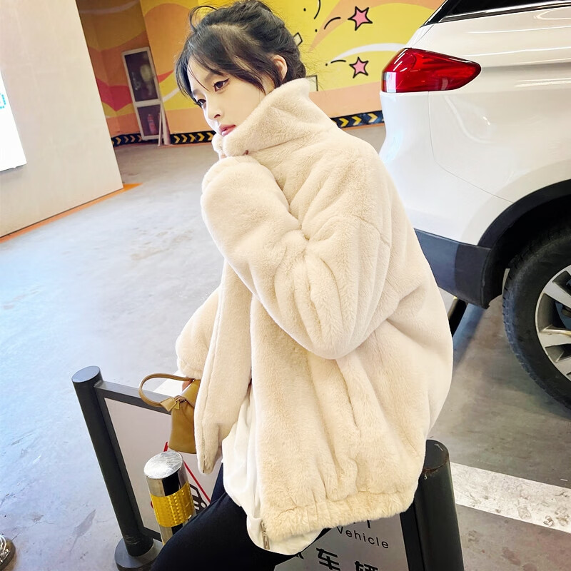 tyburn海世船说 加厚毛毛外套仿貂绒棉衣羊羔毛绒绒外套女 杏色 s