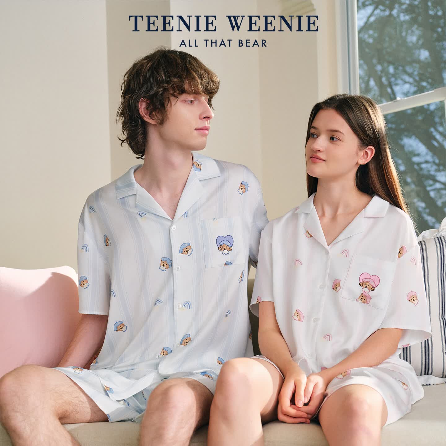 Teenie Weenie凉感冰丝印花家居服男士2026夏季新款翻领7A抗菌情侣睡衣