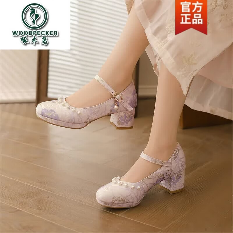啄木鸟春夏中国风配旗袍鞋子高跟鞋玛丽珍小皮鞋裙子汉服马面裙古风女鞋 贵族紫色 39