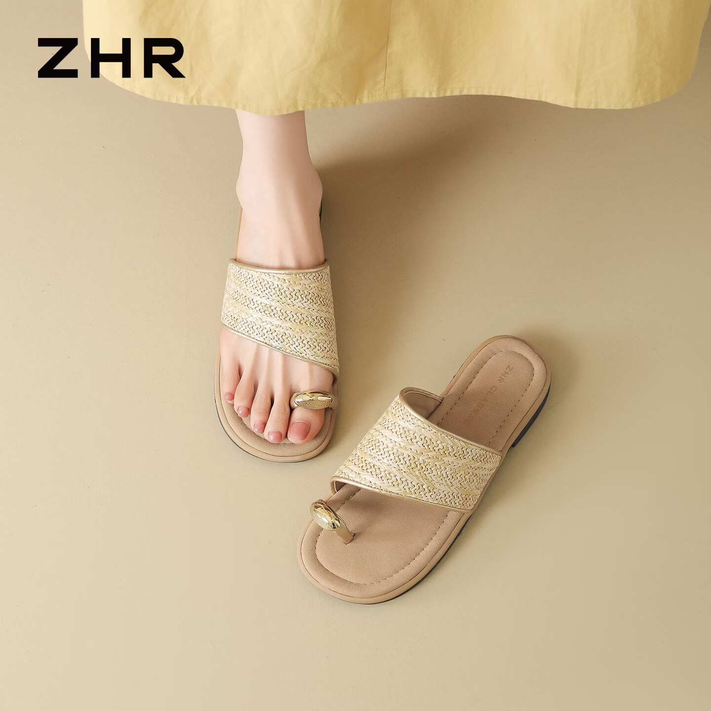 ZHR则则拖鞋女外穿2026夏季新款编织夹趾一字拖海边沙滩凉鞋AY387黄色38