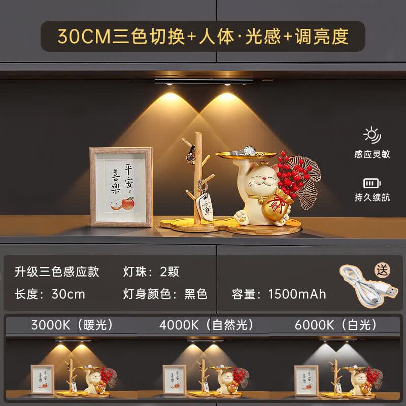 大头人创意人体感应灯猫眼山丘波纹灯条led充电玄关酒柜橱柜灯带 30cm【无需打孔、赠Type-C线】 LED