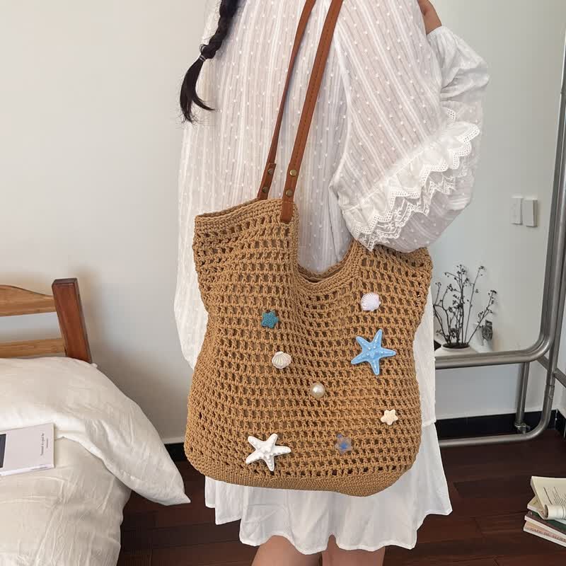 海星贝壳草编托特包女皮质肩带夏季海边度假单肩包 卡其色 均码