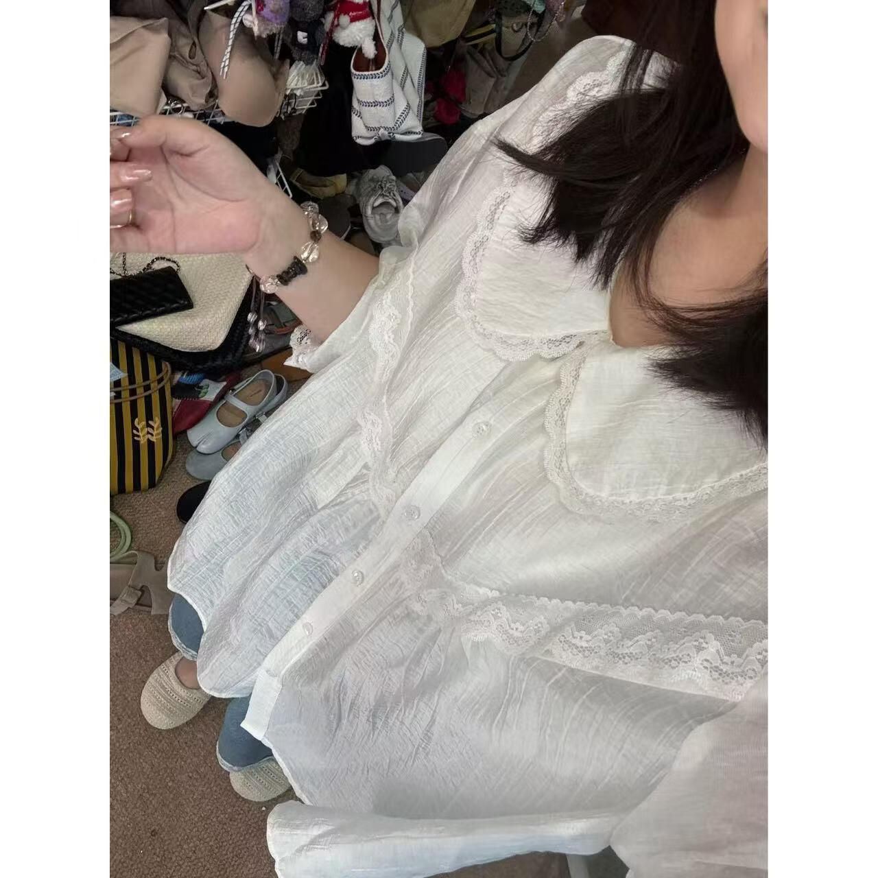 晶咕佳佳【乖乖女】莱赛尔五分袖娃娃领拼蕾丝上衣气质时尚百搭轻薄 杏色(上衣) 165/88A(1码建议125以内) 均码