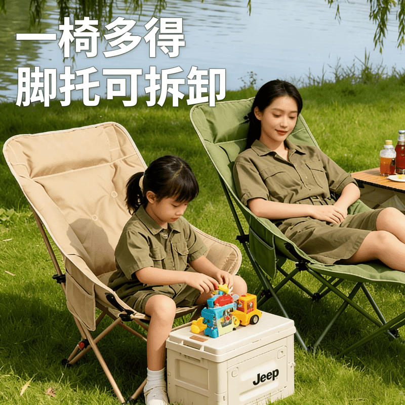 JCZS德国品牌户外可调节折叠椅办公室露营午休可坐可躺椅午休带腿拖月 卡其色三挡调节+可拆卸脚【柔软包裹丨坐躺两用】