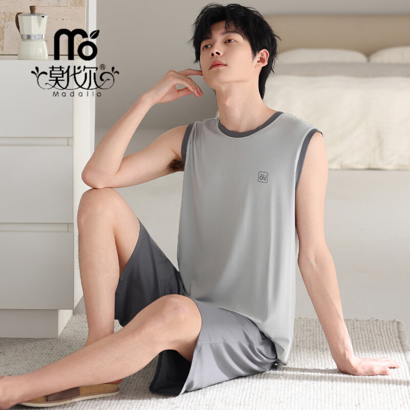 莫代尔冰丝睡衣男士款夏季背心2026新款大码薄款无袖男士家居服套装 26M2870 XL 130-150斤 当天发货,下午四点前下单