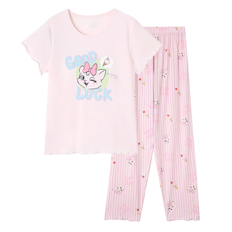 久岁伴少女大童夏季【带胸垫】A类优可丝家居服套装木耳边短袖睡衣长裤 胭脂粉 M (150) 建议身高140-152，体重75-90斤