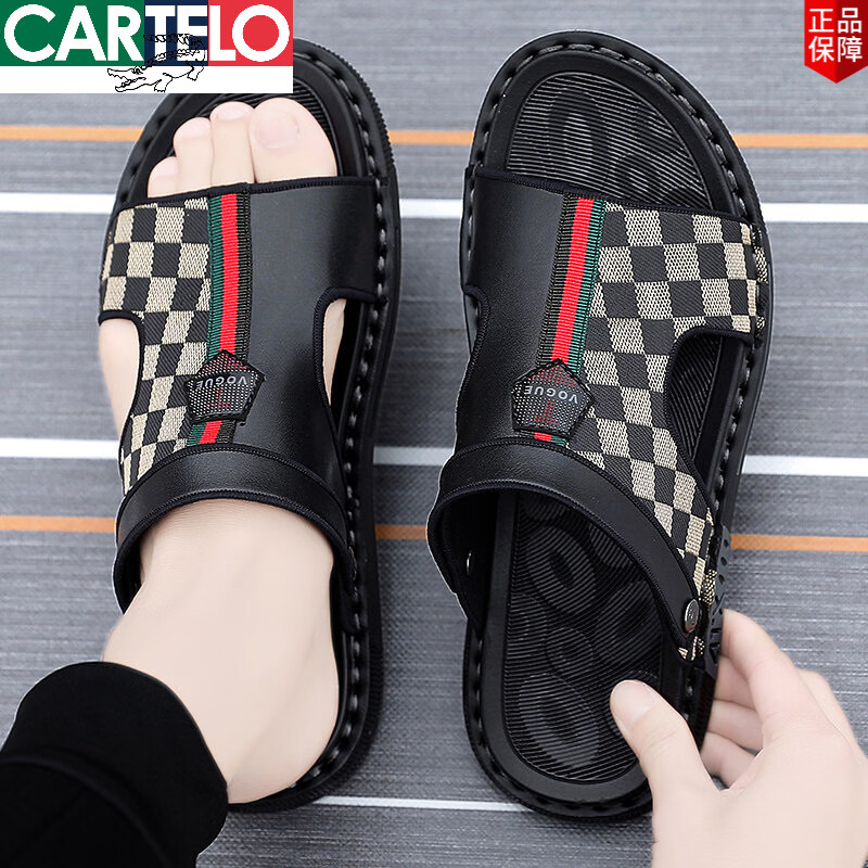 卡帝乐鳄鱼(CARTELO)2026新款男士凉鞋夏季外穿防滑沙滩鞋男式开车两用涉水皮凉拖 黑棕 42