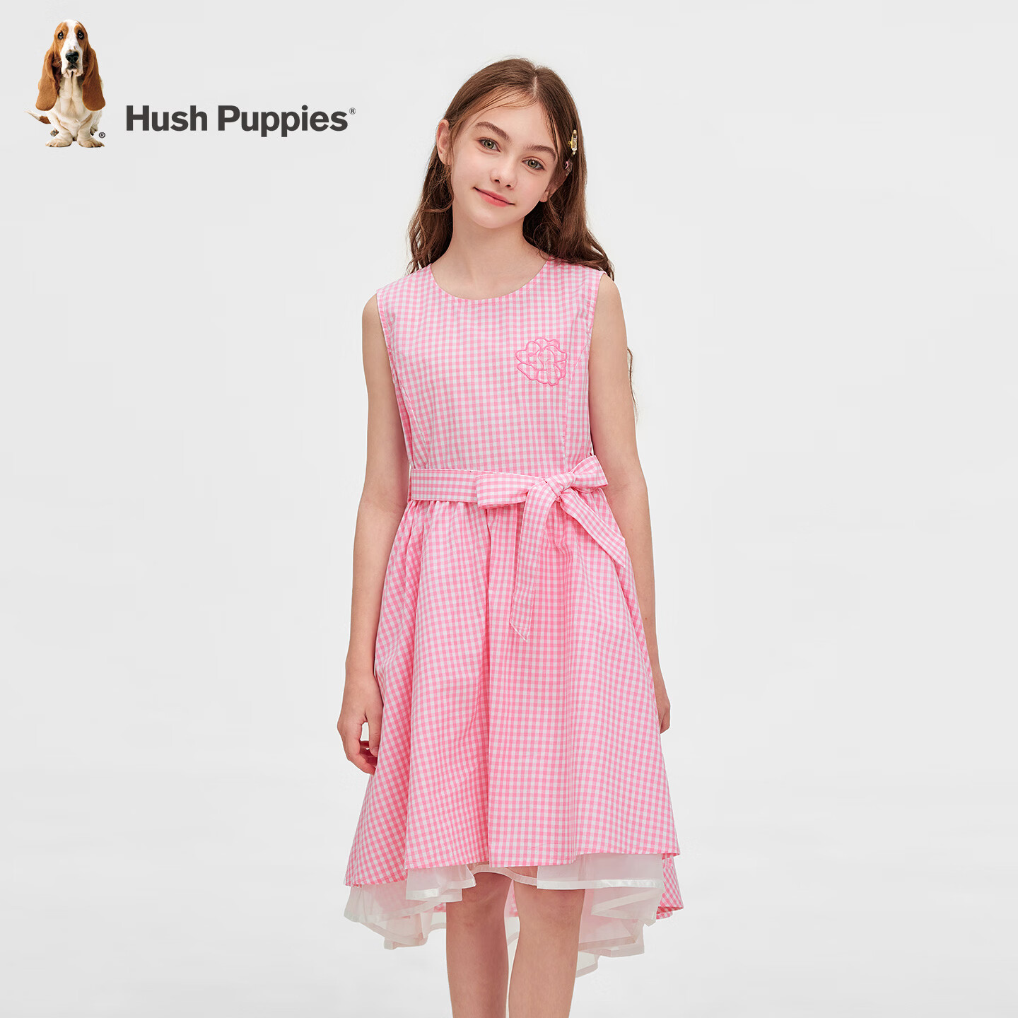 暇步士(Hush Puppies)童装儿童女童2026春夏新款无袖清新网纱格纹公主裙 草莓冰 130 cm
