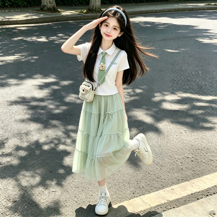 G.duck品牌童装女童夏装套装新款儿童夏季短袖半身裙两件套女孩洋气衣服 DMX030 浅绿色套装配领带 160
