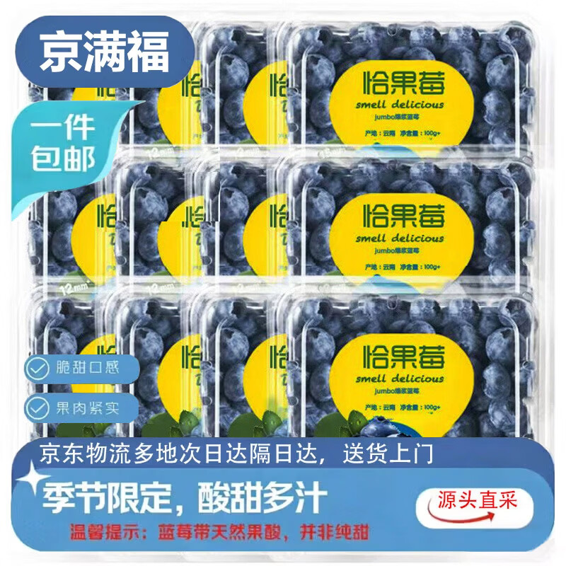 京满福云南花香蓝莓 新鲜蓝莓 应季时令生鲜水果整箱 4盒装 单果12-15mm 净重4*100-125g/盒 带箱1斤