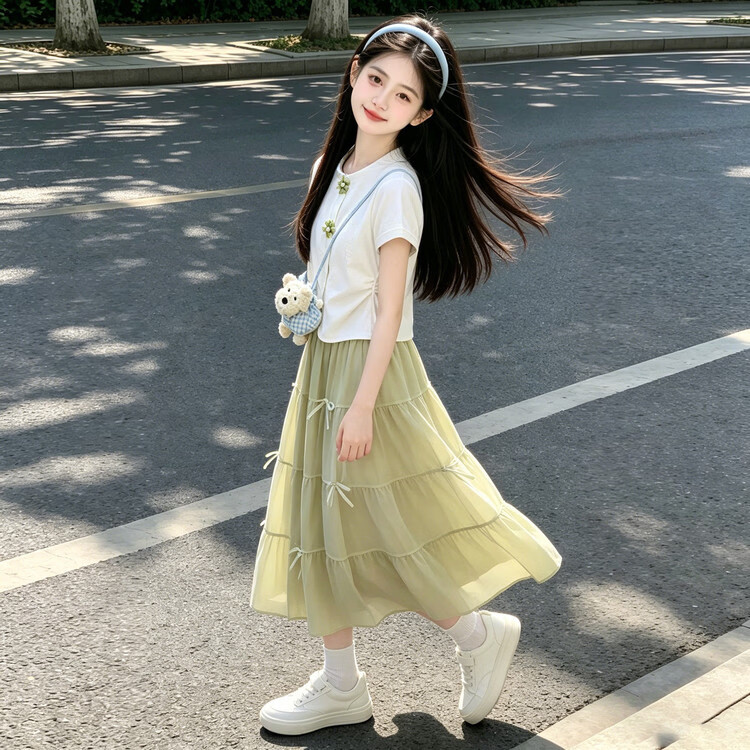 G.duck品牌童装女童夏装套装新款儿童夏季短袖半身裙两件套女孩洋气衣服 DMX028 上衣配绿色裙子 170