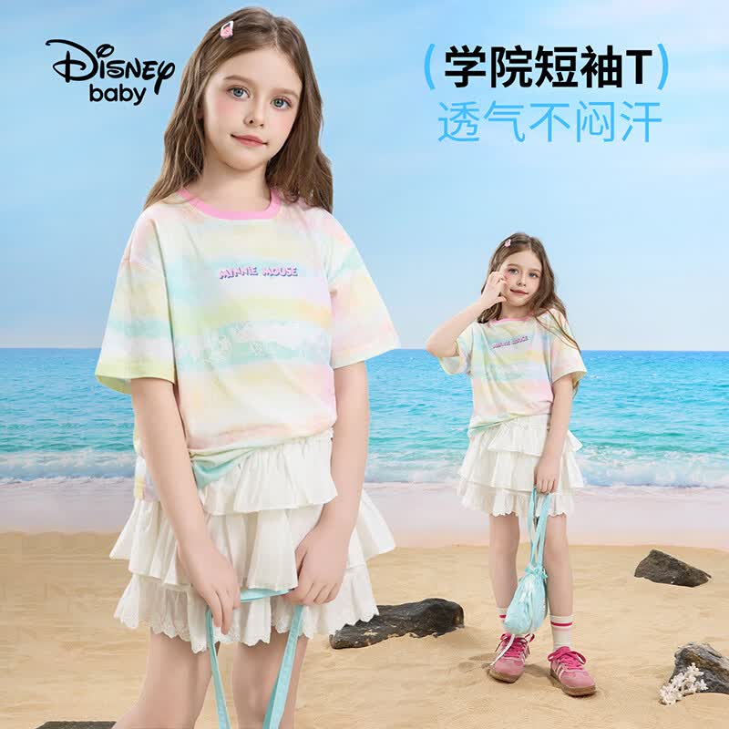 迪士尼（Disney）童装儿童时尚休闲T恤男女童短袖t恤2026夏款中大童圆领短袖tT恤 彩条晕染 140 高135-145cm重60-70斤
