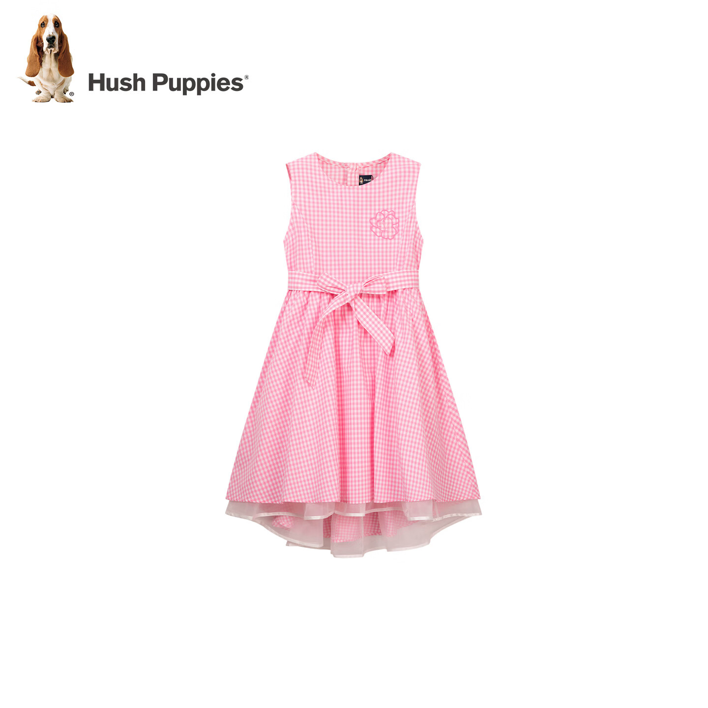 暇步士(Hush Puppies)童装儿童女童2026春夏新款无袖清新网纱格纹公主裙 草莓冰 130 cm
