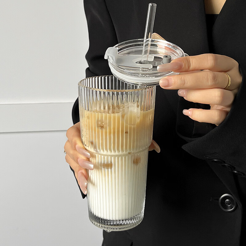 溥畔风大容量带盖带吸管竖条纹玻璃杯高颜值冷饮杯果汁咖啡杯水杯 竖条纹玻璃杯+600ml[两只装]